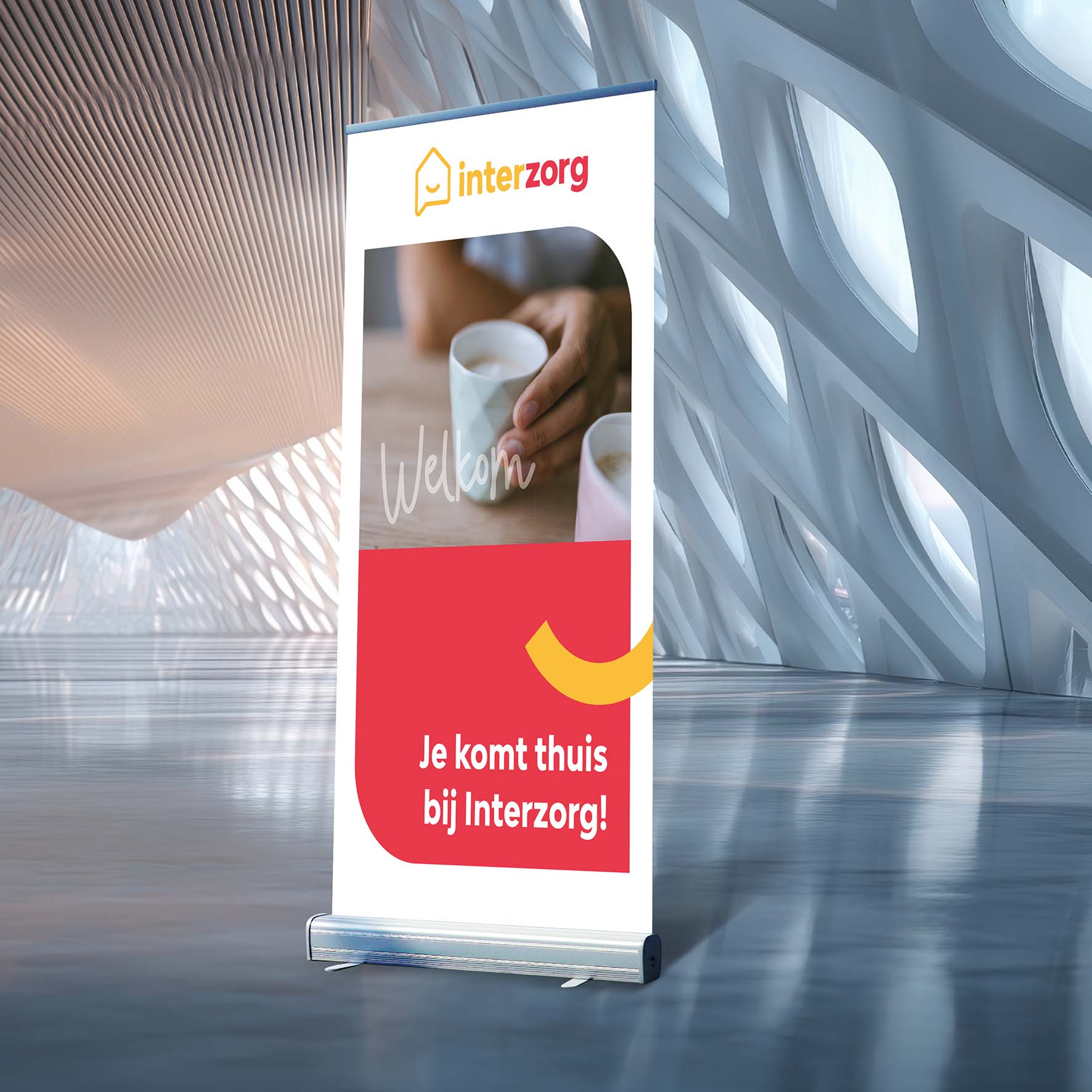 A suitcase is sitting on the floor in a large room